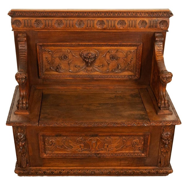 Antique 19th Century Italian Renaissance Revival Carved Walnut Bench Settle 1880 For Sale - Image 10 of 17