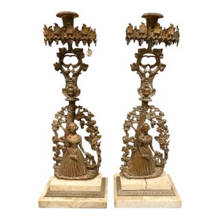 Antique Pair Waccamaw Victorian Style Lady & Floral Motif Marble Base Candle For Sale
