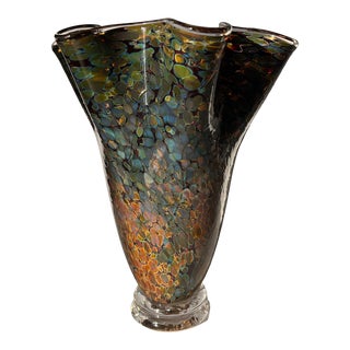 Wavy Rim Art Glass Vase Iridescent Speckled Oval Patterns For Sale
