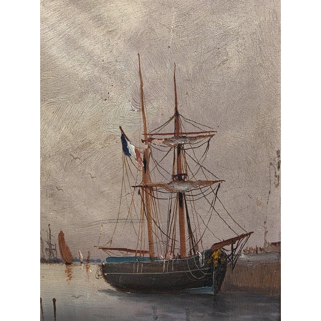 Boats in the Harbor. Oil Paintings on a Panel, Framed, Set of 2 For Sale - Image 8 of 10