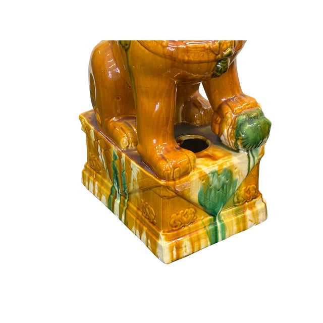 Pair Chinese Tri-Color Mustard Yellow Glaze Fengshui Lions Foo Dogs For Sale - Image 11 of 15