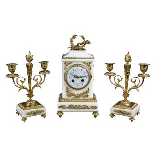 Louis XVI Style Marble and Bronze Clock Garniture - 3 Piece Set For Sale