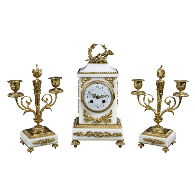 Louis XVI Style Marble and Bronze Clock Garniture - 3 Piece Set For Sale