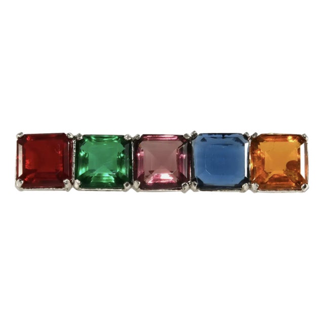 Vintage Multicolor Bar Pin Brooch With Square Glass Stones Silver-Plated For Sale