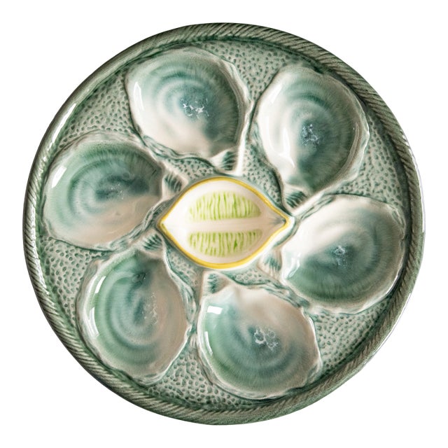 Antique French Saint Clément Majolica Blue Green & Yellow Lemon Wedge Oyster Plate For Sale