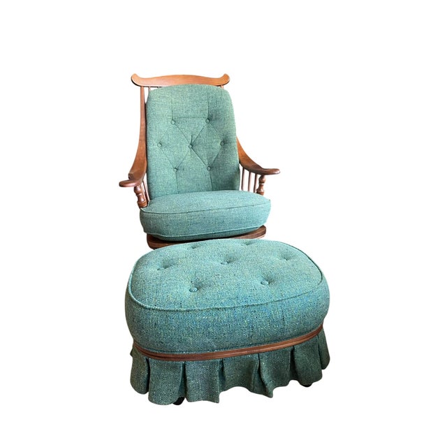Heywood-Wakefield Heywood-Wakefield Danish Tufted Swivel Lounge Chair & Pleated Ottoman in Emerald Tweed 1960's For Sale - Image 4 of 16
