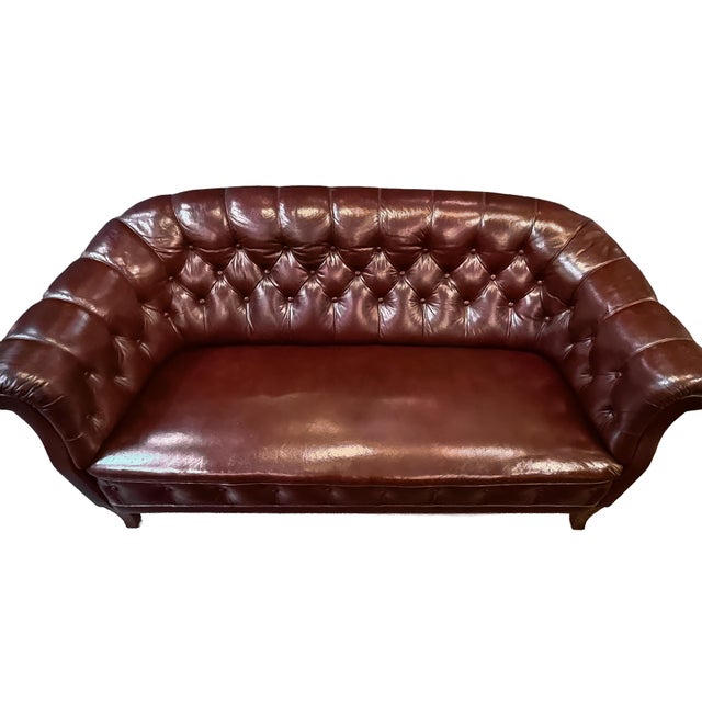 Swedish Chesterfield Sofa or Settee of Tufted Patinated Oxblood Leather For Sale - Image 11 of 15