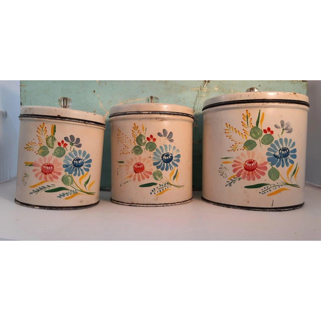 Vintage Shabby Floral Metal Kitchen Canisters For Sale - Image 10 of 13