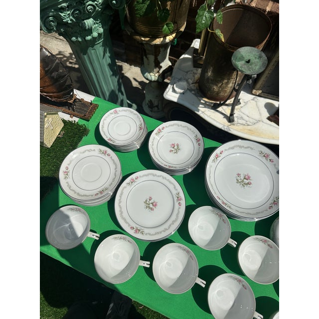 1970s Mikasa First Love Collection of Plates and Tea Set With Pink Rose Accents For Sale - Image 5 of 11