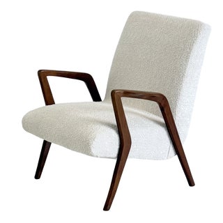 Mid-Century Italian Lounge Armchair in Cherrywood and White Bouclé, 1950s For Sale