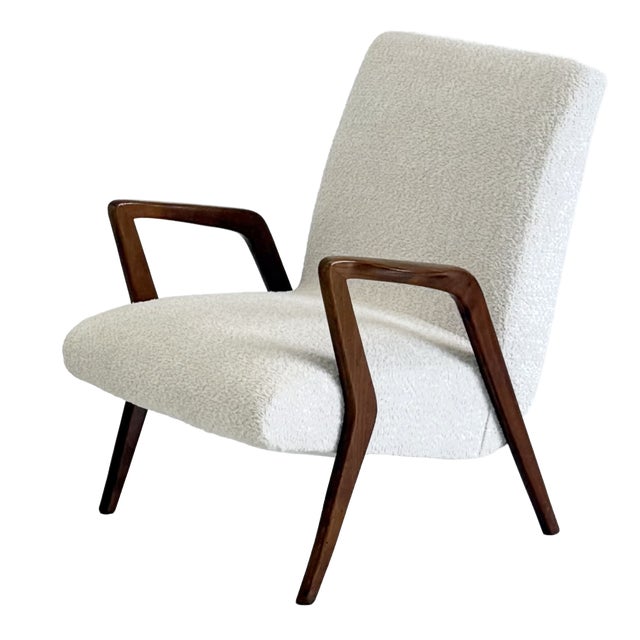 Mid-Century Italian Lounge Armchair in Cherrywood and White Bouclé, 1950s For Sale
