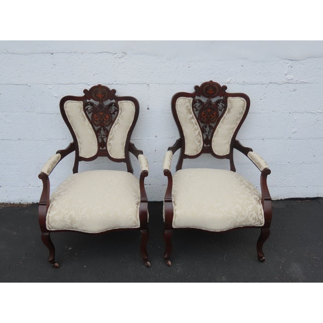 Victorian Late 1880s Carved Inlay Side Chairs a Pair 6643 For Sale - Image 16 of 17