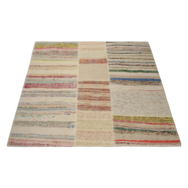 Contemporary Rug & Kilim’s Patchwork Kilim Square Rug in Polychromatic Stripes For Sale - Image 3 of 6