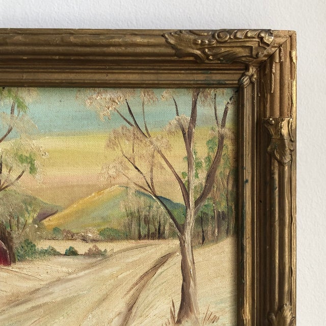 White Mid-20th Century Winter Farmhouse Landscape, Oil on Board -- Framed For Sale - Image 8 of 12