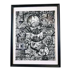”Interconnection” Contemporary Original Abstract Black and White Calligraphy Painting on Canvas, Framed