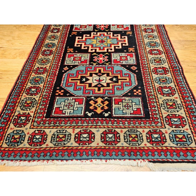 Red Vintage Persian Kurdish Area Rug, Handwoven Geometric Pattern, Navy & Tan, 3’ X 5’ For Sale - Image 8 of 12