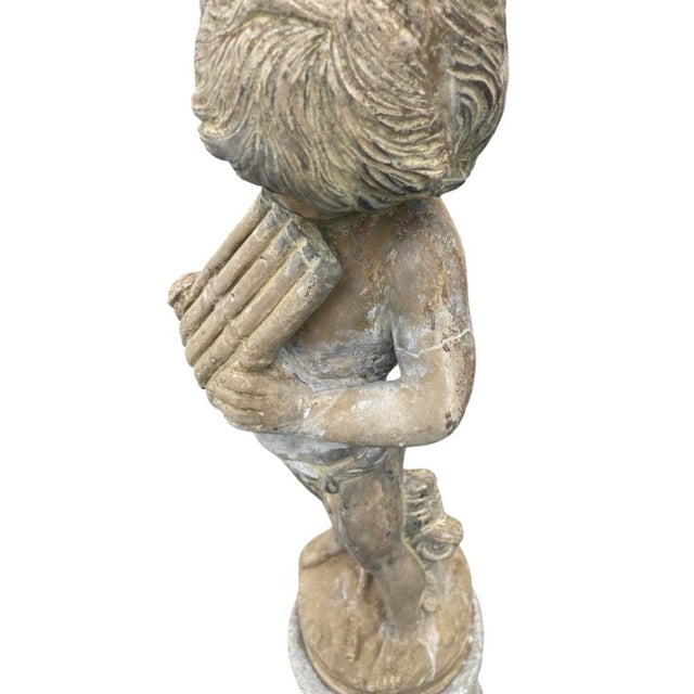 Vintage Cast Stone Centerpiece Fountain Featuring a Pan Flute Playing Putto on a Column For Sale In West Palm - Image 6 of 12