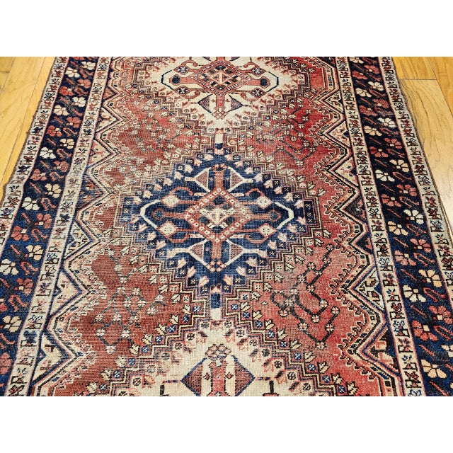 Vintage Persian Shiraz Tribal Area Rug, Hand-Knotted Wool, Geometric Pattern, Rust-Red & Navy, 5x10 For Sale In Chicago - Image 6 of 11