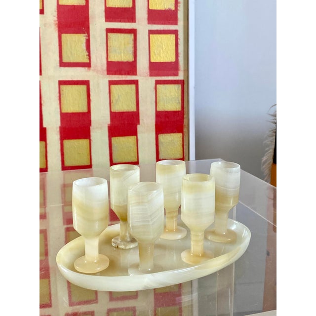 1960s Carved Onyx Stemware + Tray, Set of 7 Pieces For Sale - Image 16 of 17
