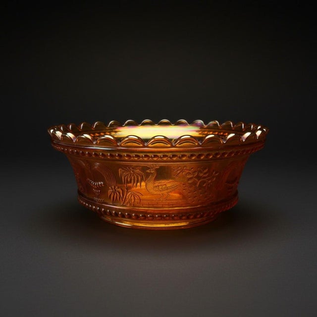 Antique Northwood Peacock at the Fountain Marigold Carnival Art Glass Berry Bowl For Sale - Image 10 of 11