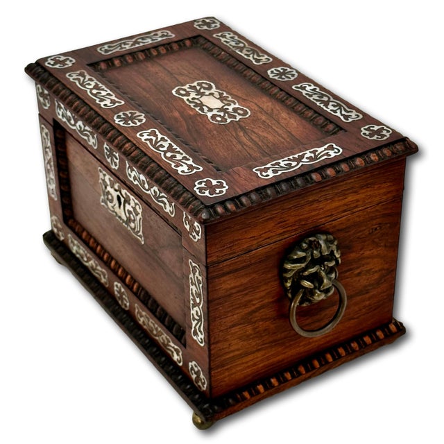 Outstanding Antique Victorian Rosewood Veneer Tea Caddy Box With Fancy Abalone Inlay Features - Circa 1870s For Sale - Image 9 of 18