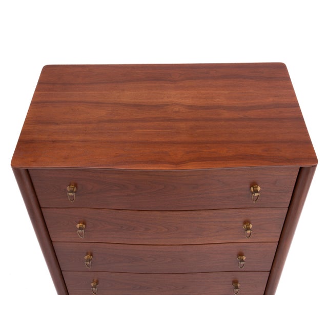 Brown T.H. Robsjohn Gibbings Widdicomb Walnut Five Drawer Chest Klismos Leg Book Matched For Sale - Image 8 of 13