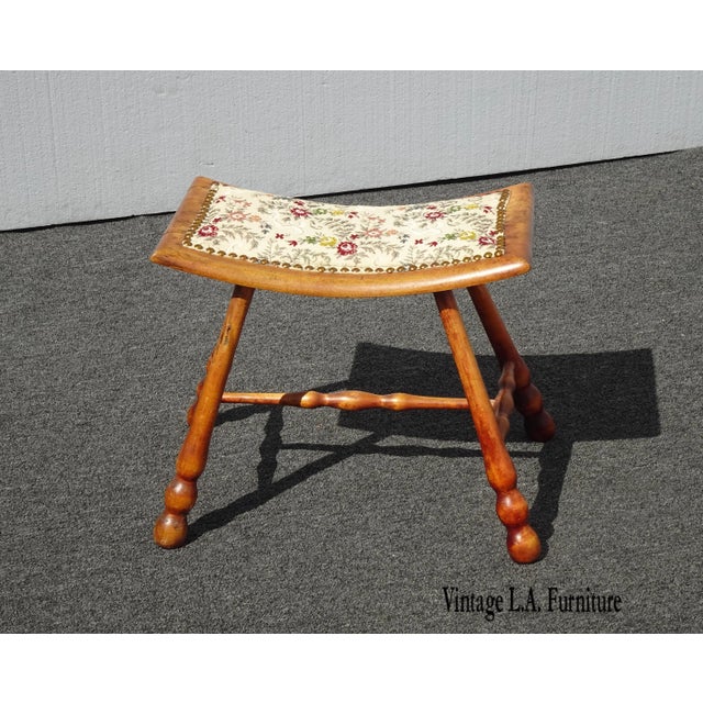 Vintage French Country Oak Saddle Style Seat W Floral Fabric Stool Bench For Sale - Image 13 of 13