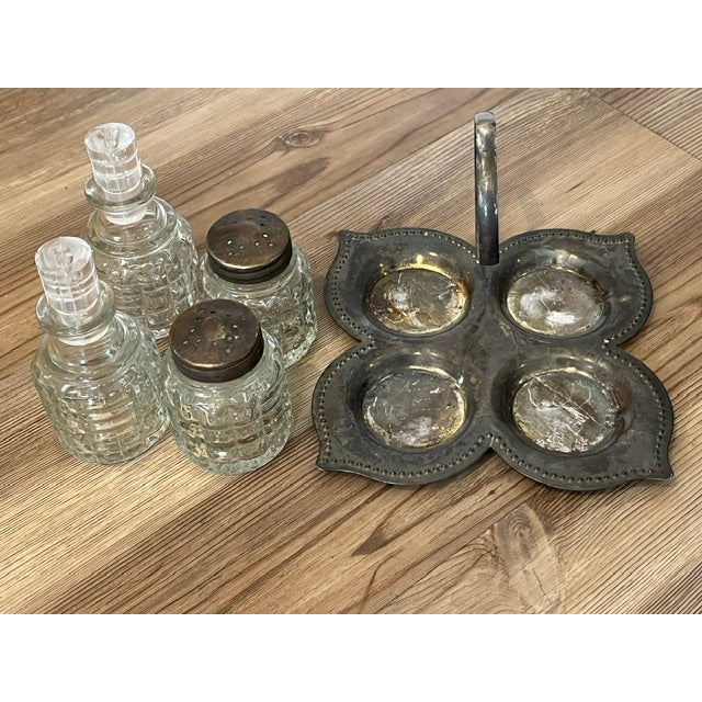 Victorian Vintage 4-Piece Glass and Metal Condiment Cruet Set - 5 pcs For Sale - Image 3 of 9