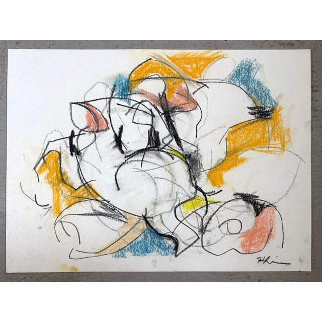 Equestrian Dance, Blue and Yellow, is an expressive abstract horse drawing created in charcoal and pastel, capturing the...