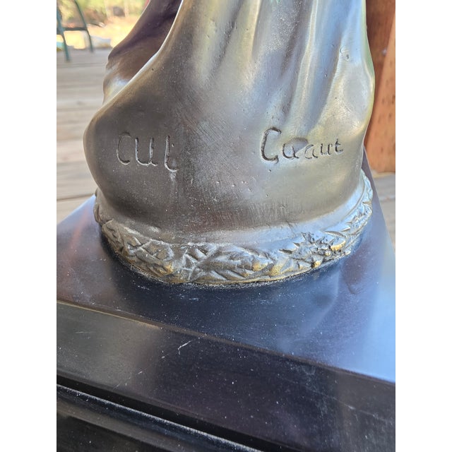 Fine French Art Deco Timepiece: 13lb Patinated Bronze Vanity Sculpture Signed Cuaut on Multi-Tier Black Marble Plinth (Circa 1930) For Sale In Sacramento - Image 6 of 10