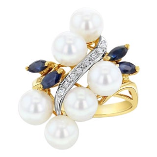 Freshwater Pearl, Sapphire & Diamond Cluster Ring 14k Yellow Gold, Size 4 For Sale