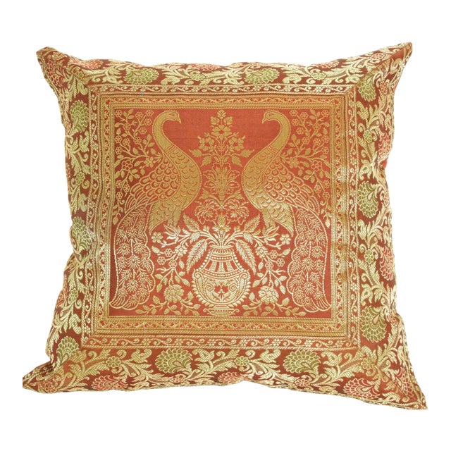 Red Silk Throw Pillow With Elephants and Peacocks India For Sale
