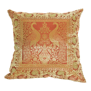 Red Silk Throw Pillow With Elephants and Peacocks India