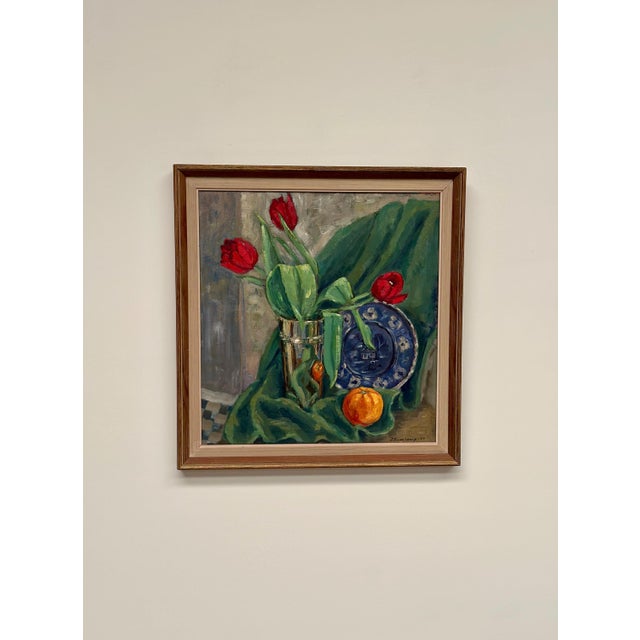 Original swedish oil on panel – “still life with tulips” by j. Essen loarp – dated 1957 – vintage & framed – 61 × 57.5 cm...