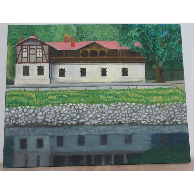 This is a BEAUTIFUL ORIGINAL oil on canvas painting of a Tudor estate home with a lawn and rock wall. The painting depicts...