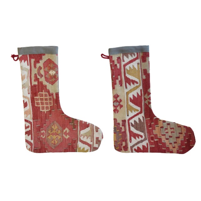 Christmas Holiday Stockings Created From a Kilim Turkish Rug - Set of 2 For Sale In Los Angeles - Image 6 of 6