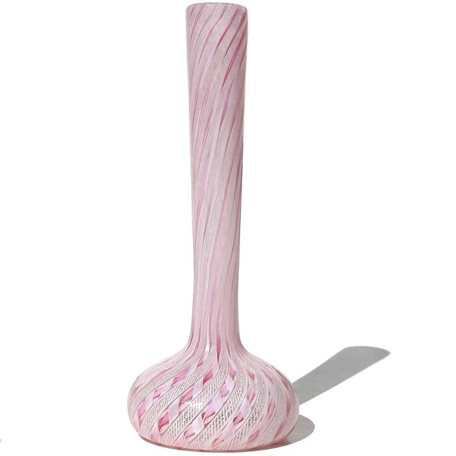 Beautiful vintage Murano hand blown pink and white ribbons Italian art glass soliflore flower vase. The piece is...