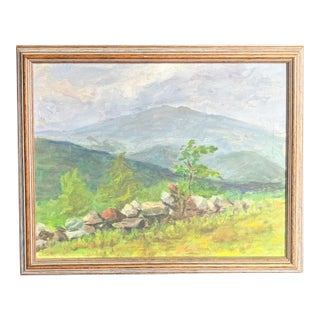 Early Oil Landscape Painting - Mount Monandack Rising Above a Stone Wall For Sale