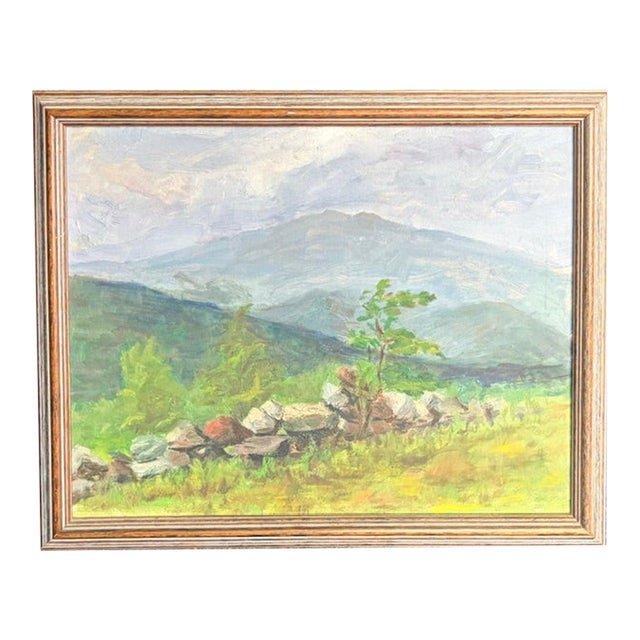 Early Oil Landscape Painting - Mount Monandack Rising Above a Stone Wall For Sale