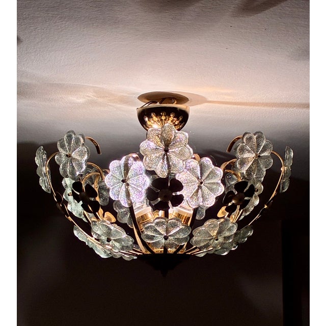 Art Deco Vintage Water Green Floral Flush Mount Chandelier, Hand-Painted Glass Flower Ceiling Light, Mid-Century Brass Light Fixture - Pair For Sale - Image 3 of 17