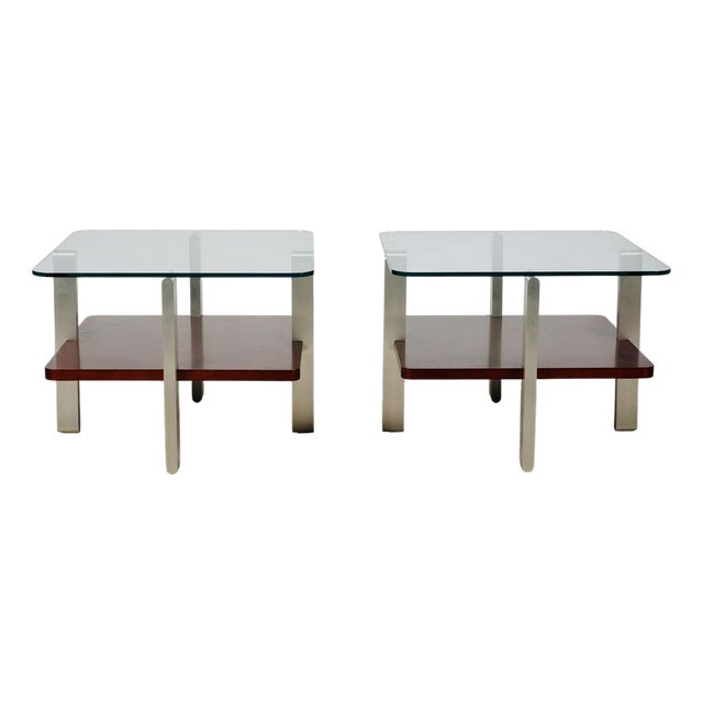 Mid 20th Century Pair of Bernhardt Contemporary Glass & Brushed Aluminum End Tables For Sale