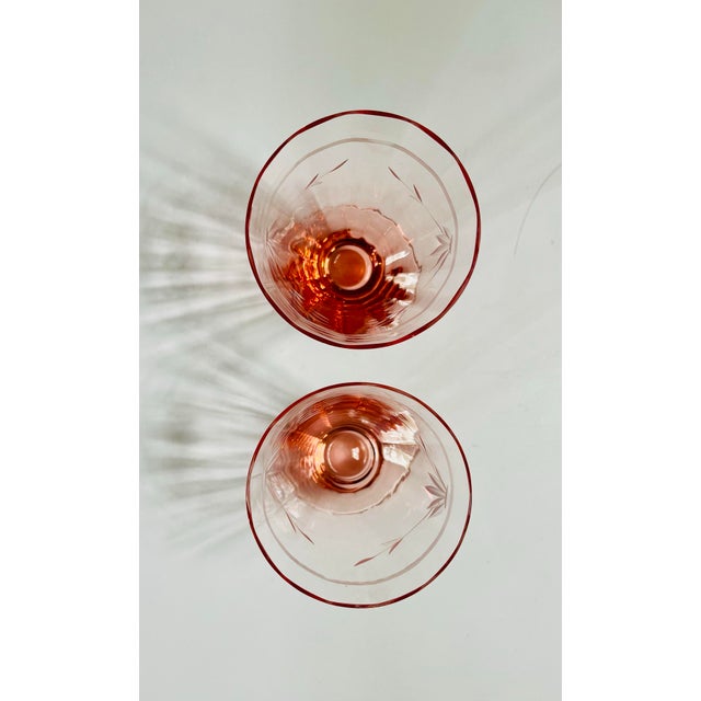 1930s 1930s Tiffin Franciscan Etched Pink Optic Glass Juice Glasses-a Pair For Sale - Image 5 of 10