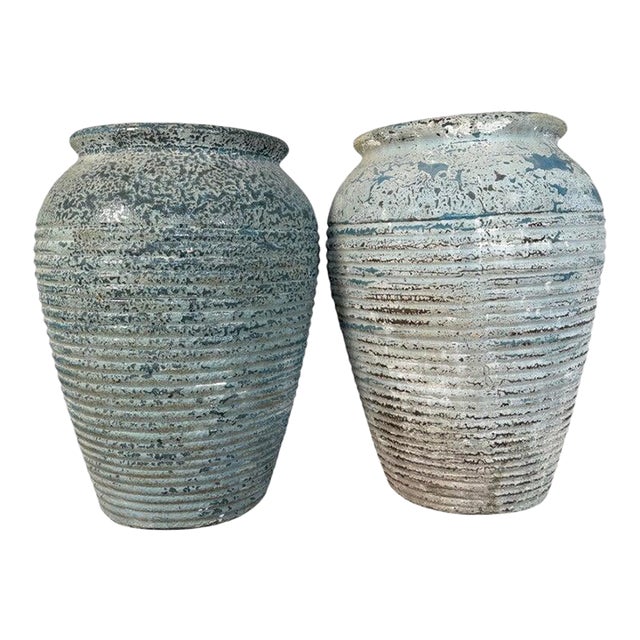 Pair of Antique Weathered Terracotta Garden Urns With Blue Patina For Sale