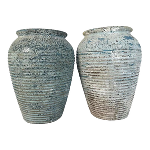 Pair of Antique Weathered Terracotta Garden Urns With Blue Patina