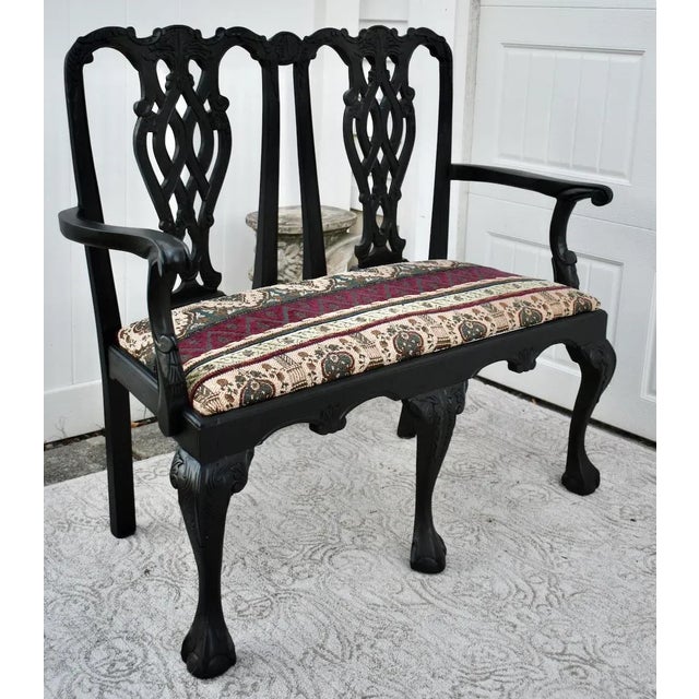 Vintage Chippendale Style Bench Settee Carved Fretwork Black Two Seater Chair For Sale - Image 12 of 13