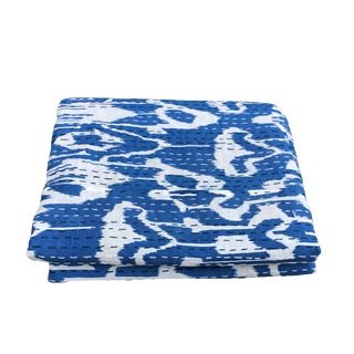 Vtg Kantha Ikat Design Bedspread Throw Cotton Blanket Gudari Twin 90" by 60" For Sale