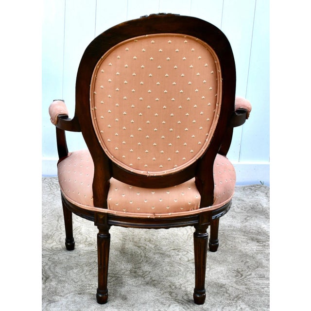 Carved Wood Bergere Chair Louis XVI Style Medallion Oval Back Pink Fabric 50s For Sale - Image 12 of 13