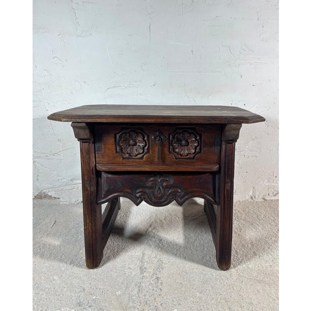 Spanish Castilian Carved Wood Side Table with Iron Hardware, Early 20th Century For Sale - Image 10 of 14
