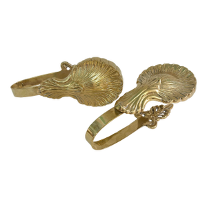 Pair Vintage Solid Brass Shell Hollywood Regency Curtain Tiebacks