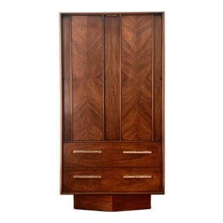 1960s Lane Mid Century Modern Walnut Inlaid Armoire For Sale